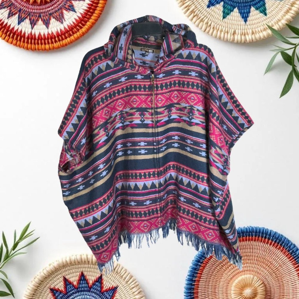 Copper Key Multicolor Southwest Aztec Geometric Zip Poncho Shawl Cape One Size